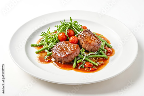 Delicious Steak with Vegetables and Sauce on White Plate