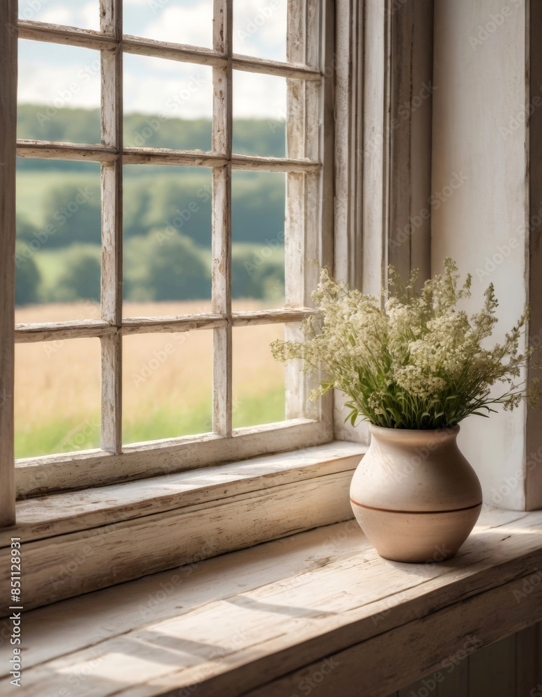 Old windowsill against landscape and flowers, product display scene Old windowsill against landscape and flowers, product display scene