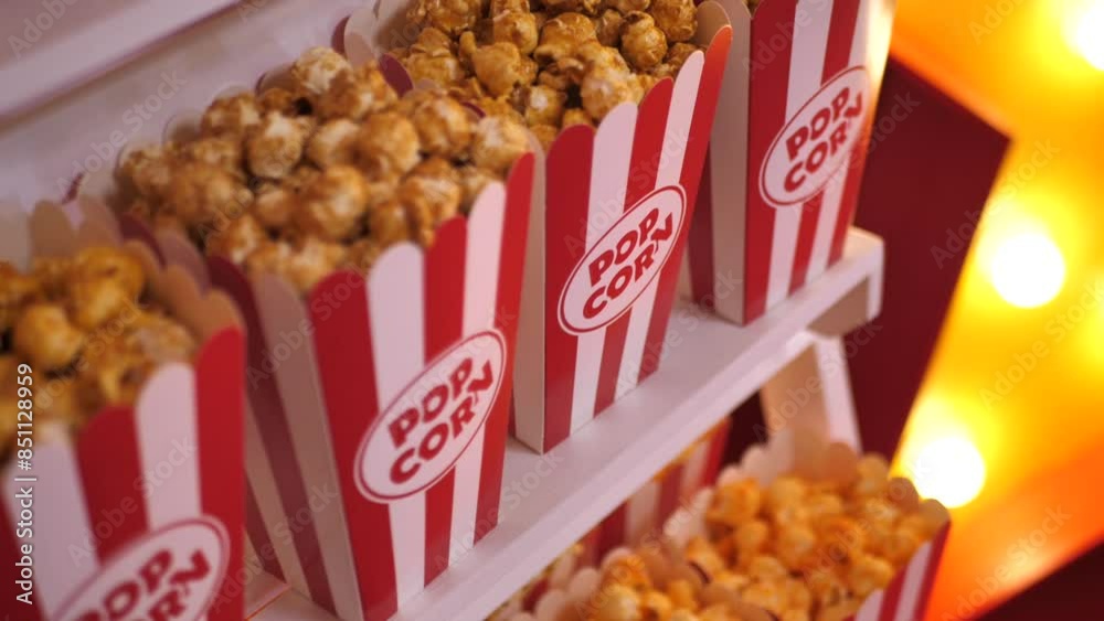Cups of popcorn on a wooden stand