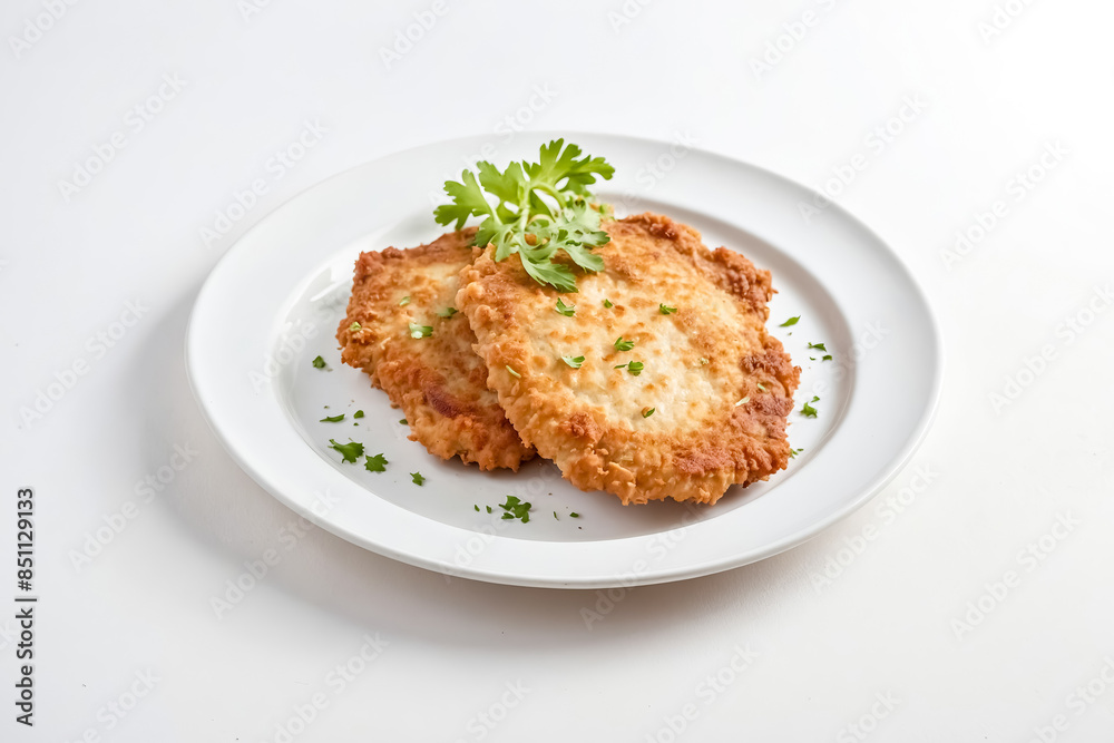 Crispy Fried Cutlets with Parsley Garnish on White Plate Crispy Fried Cutlets with Parsley Garnish on White Plate