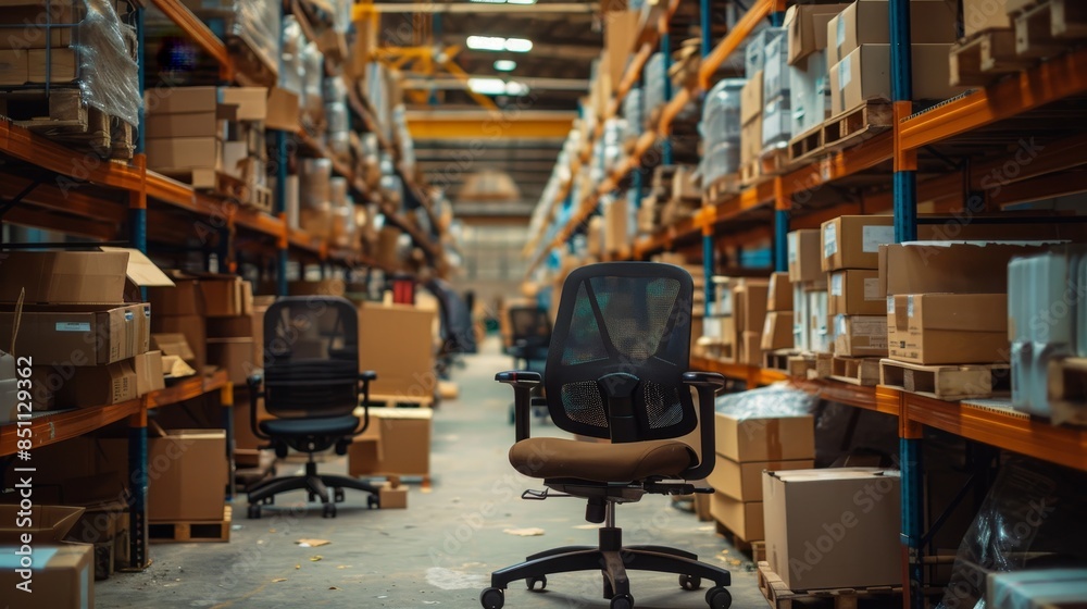 Naklejka premium Office chairs being packed into cardboard boxes, busy warehouse environment, piles of filled boxes, industrial lighting, detailed and organized scene