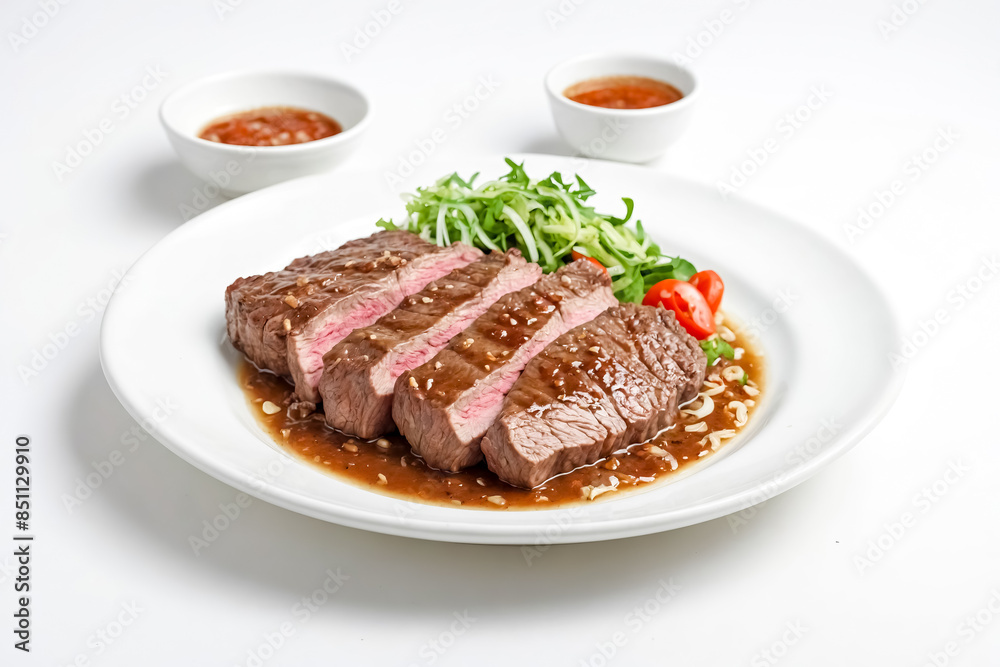 Sliced Steak with Sauce and Salad on a White Plate Sliced Steak with Sauce and Salad on a White Plate