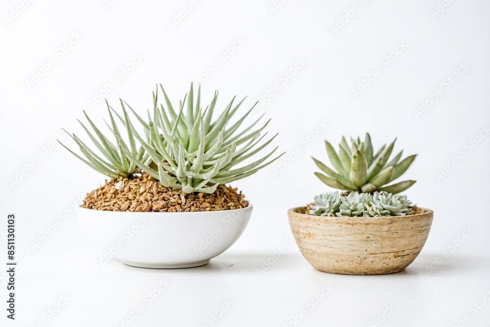 Succulents in White and Brown Pots on White Background Succulents in White and Brown Pots on White Background