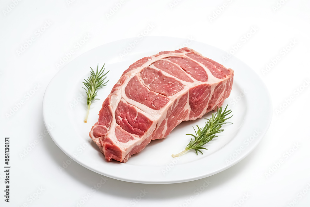 Raw Lamb Chops with Rosemary on White Plate Raw Lamb Chops with Rosemary on White Plate