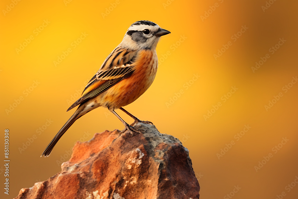 Fototapeta premium Brambling (Emberiza citrinella) perched on a rock