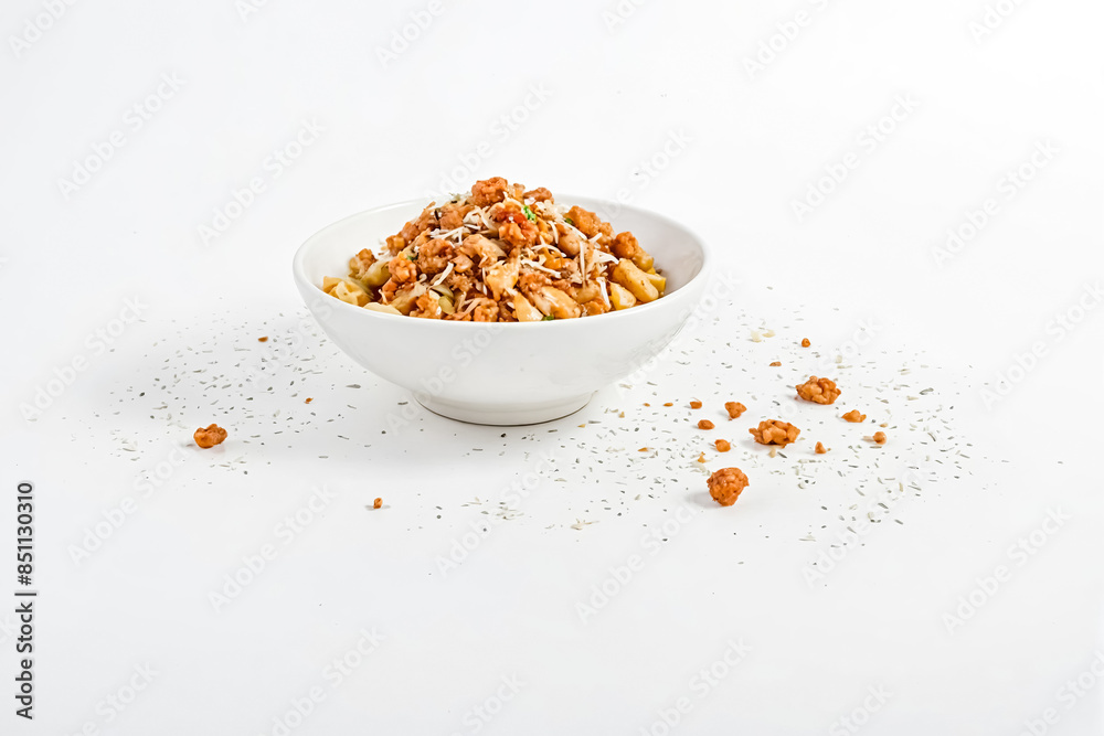 Bowl of Crunchy Noodles with Toppings, Scattered on a White Surface Bowl of Crunchy Noodles with Toppings, Scattered on a White Surface