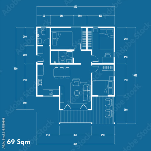 Floor plan blueprint type 69 sqm, Figure of the jotting sketch of the construction and the industrial skeleton of the structure and dimensions. vector eps 10