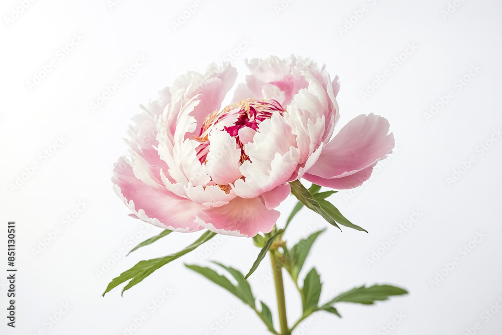 Delicate Pink Peony Flower with Green Leaves on White Background Delicate Pink Peony Flower with Green Leaves on White Background