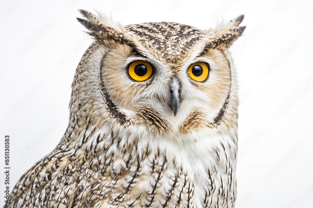 Close-up portrait of an owl with bright yellow eyes Close-up portrait of an owl with bright yellow eyes