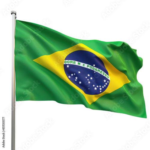 Waving Brazilian flag on a flagpole with clear design and vibrant colors. National symbol of Brazil with iconic green, yellow, and blue colors. photo