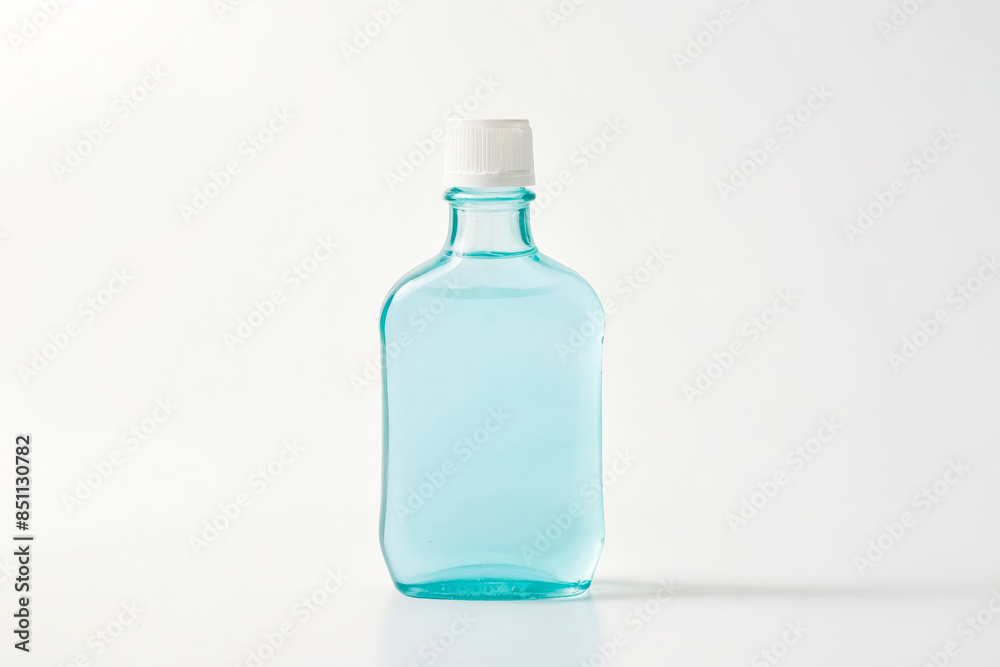 Blue liquid in a glass bottle with a white cap on a white background Blue liquid in a glass bottle with a white cap on a white background