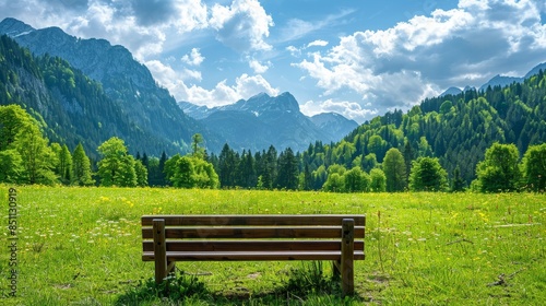 Peaceful bench in a meadow, green mountains and forest, bright blue sky with clouds, ideal for a copyspace image and creative banner © Alpha