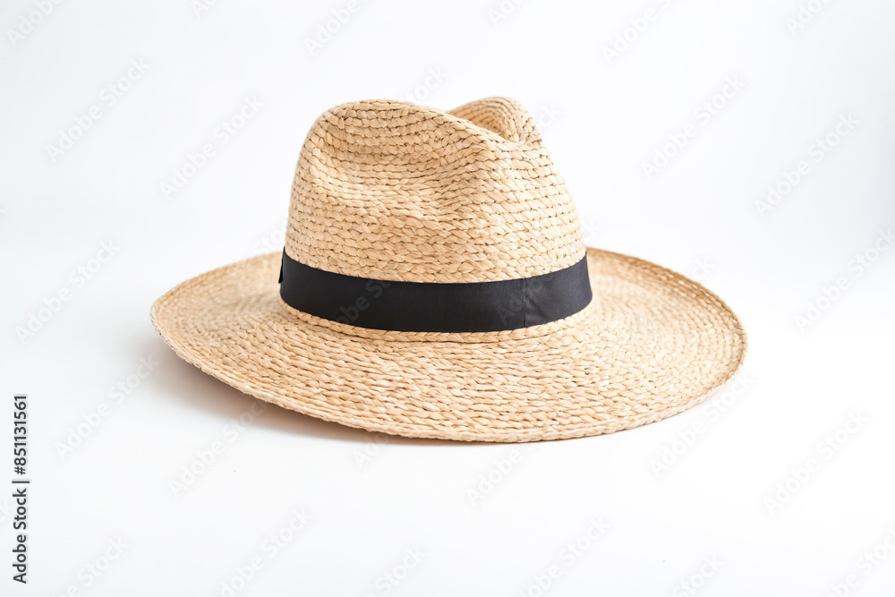 Straw Hat with Black Band on White Background Straw Hat with Black Band on White Background