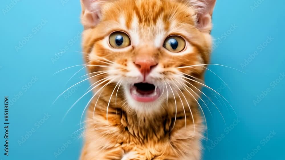 Funny ginger cat with a surprised expression on a blue background. A shocked tabby cat with its mouth open. Funny animals concept. High quality 4k footage Funny ginger cat with a surprised expression on a blue background. A shocked tabby cat with its mouth open. Funny animals concept. High quality 4k footage