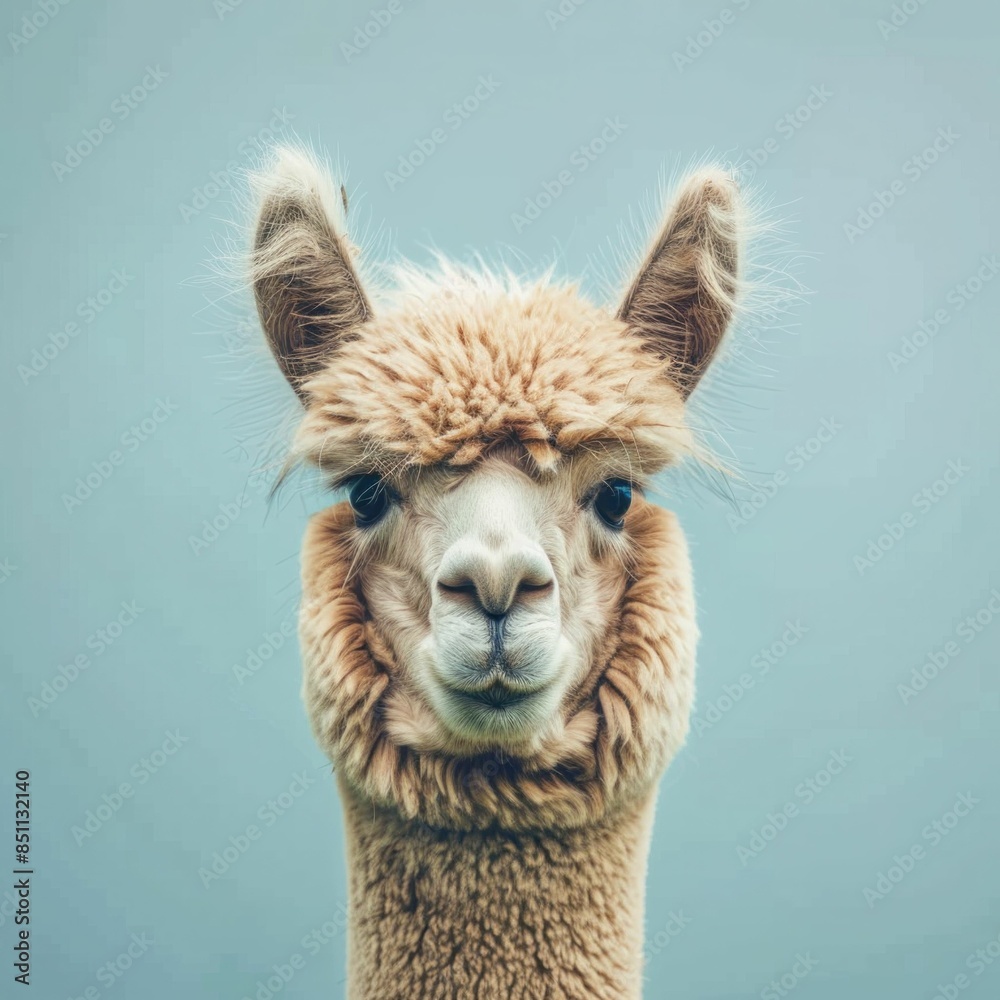 Obraz premium Majestic alpaca against a vibrant blue sky background, symbolizing tranquility and nature's beauty in the wilderness