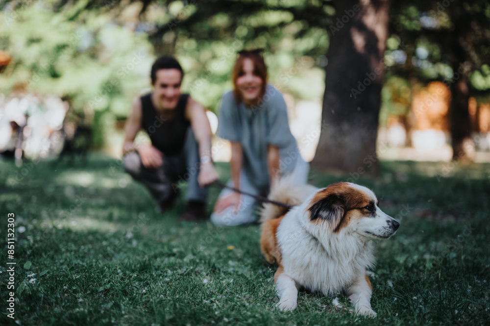 A happy couple and their fluffy dog are seen playing in a sunny park, portraying joy and a relaxed outdoor atmosphere. A happy couple and their fluffy dog are seen playing in a sunny park, portraying joy and a relaxed outdoor atmosphere.