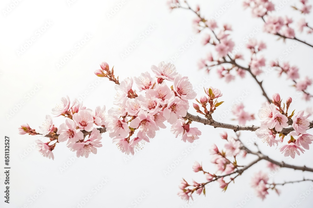 Fototapeta premium Delicate Pink Cherry Blossoms Branch Against a White Background