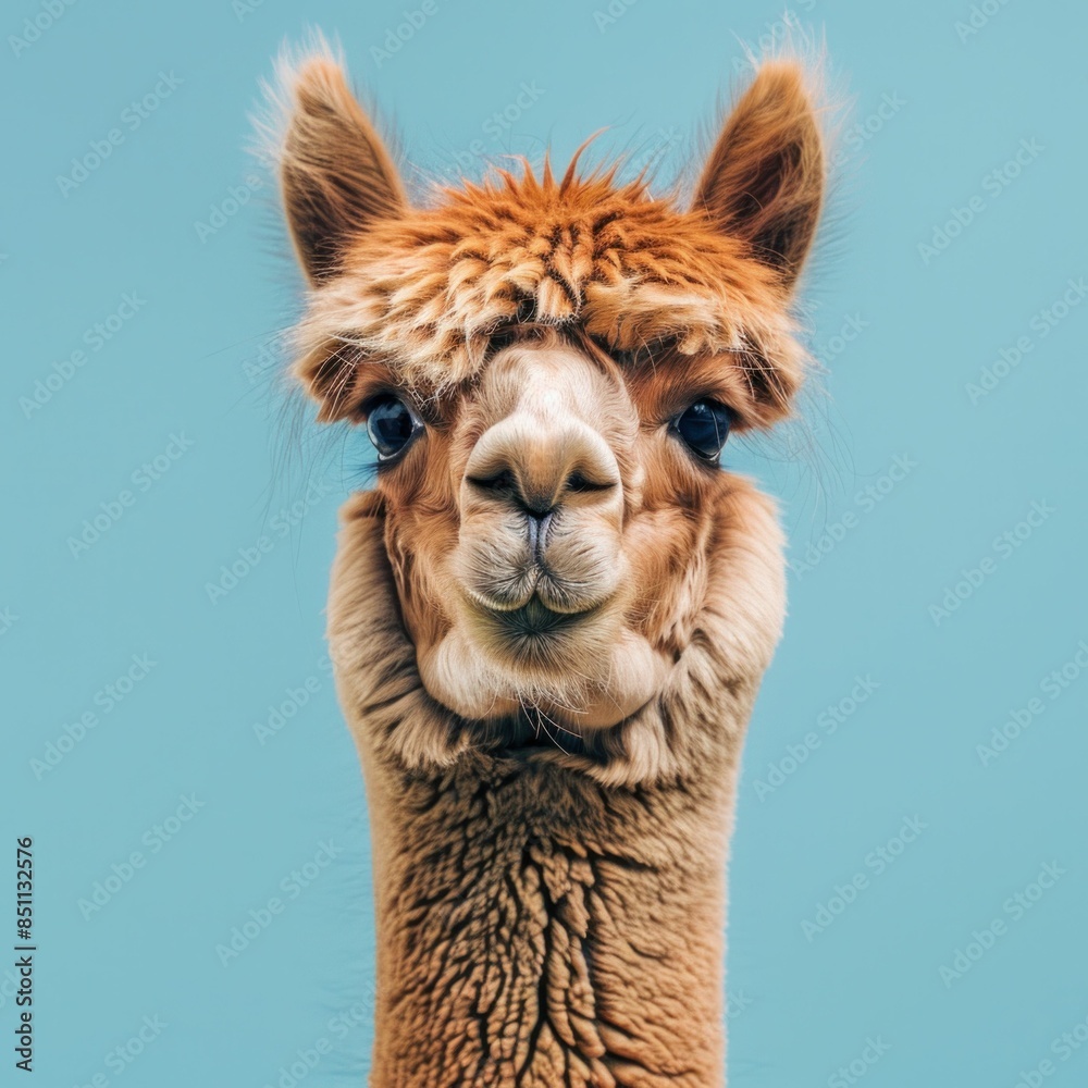 Fototapeta premium Beautiful Alpaca Portrait in Front of Vibrant Blue Background, Looking Towards the Camera with Curiosity and Elegance