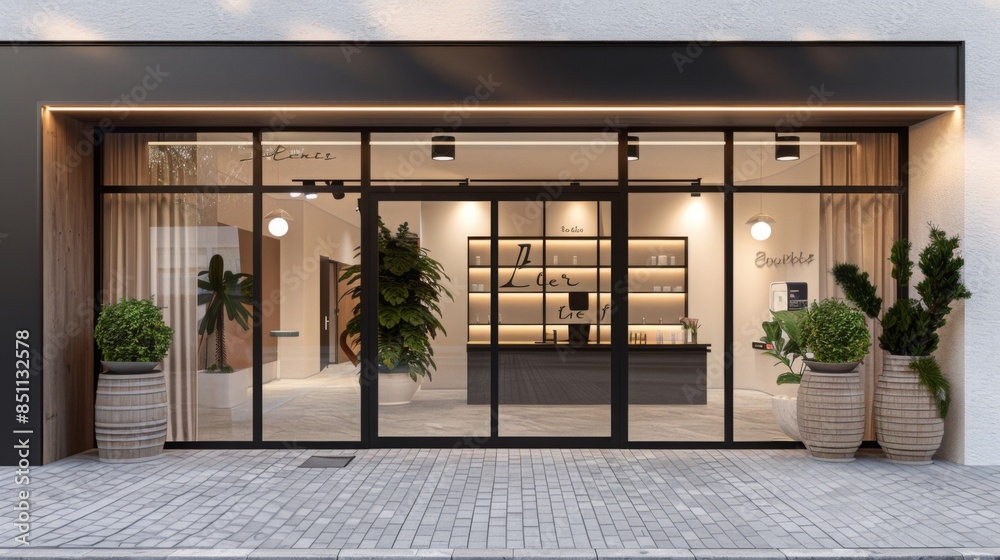 A modern store front with large glass windows and a black awning, lit up at night. Two potted plants stand in front of the store, which is decorated with simple and stylish decor. A modern store front with large glass windows and a black awning, lit up at night. Two potted plants stand in front of the store, which is decorated with simple and stylish decor.