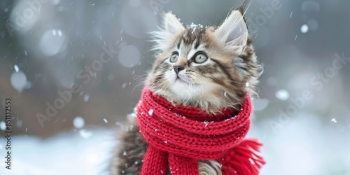 Adorable British Longhair Kitten Wearing a Red Scarf Gazing at a Winter Wonderland. Perfect for Wall Art, Holiday Decor, New Year, and Christmas Celebrations. Featuring a Cute Animal in a Snowy Landsc