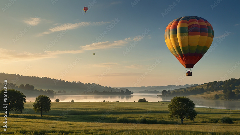 Fototapeta premium beautiful wallpaper background landscape view with trees green field with lakes and hot air balloon floating in a distance summer morning scene rolling hills