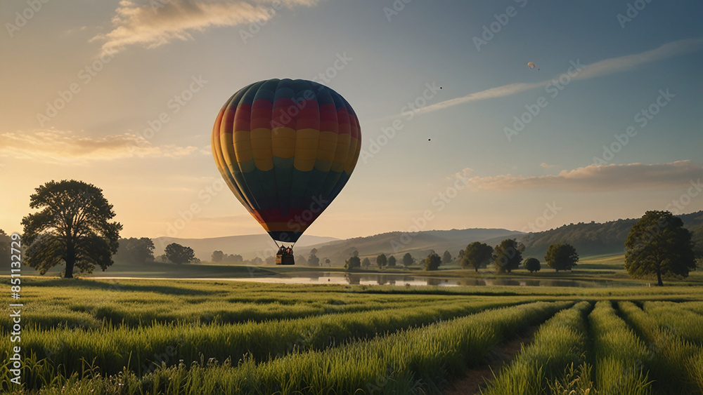Obraz premium beautiful wallpaper background landscape view with trees green field with lakes and hot air balloon floating in a distance summer morning scene rolling hills