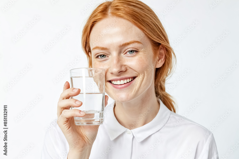 Close-up of a smiling woman with freckles holding a glass of water Close-up of a smiling woman with freckles holding a glass of water