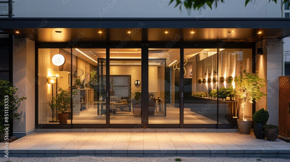 A modern Japanese restaurant entrance with glass doors, warm lighting, and potted plants. The interior is visible through the glass, showcasing a stylish and inviting space. A modern Japanese restaurant entrance with glass doors, warm lighting, and potted plants. The interior is visible through the glass, showcasing a stylish and inviting space.