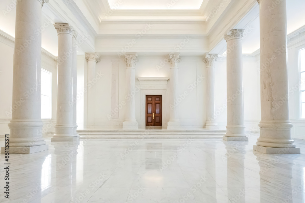 Fototapeta premium Classical architecture interior with marble columns and a wooden door