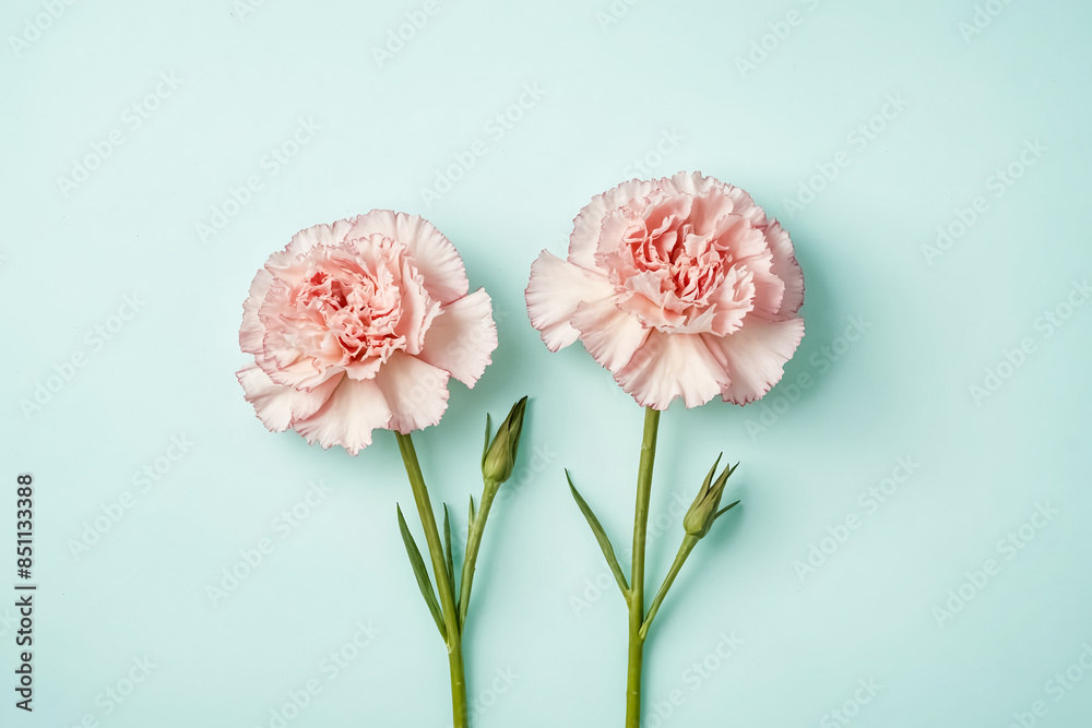 Fototapeta premium Two Pink Carnations on a Light Blue Background