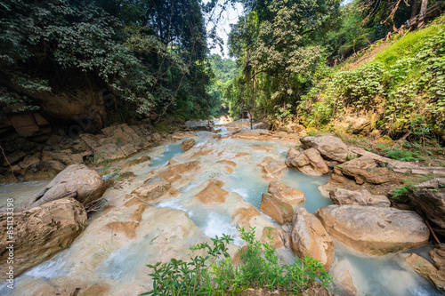 Beautiful view in Maeping National Park of Lamphun province, Thailand. It is a limestone waterfall with spectacular beauty. photo