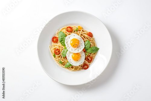 Spaghetti with Fried Eggs and Cherry Tomatoes