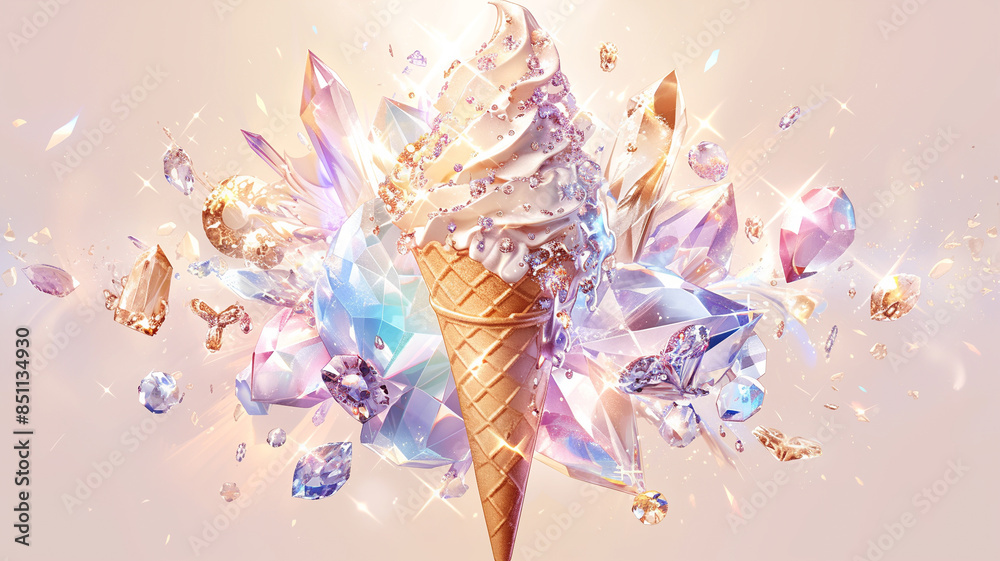 Fototapeta premium A Glittering Delight for Sweet Celebrations and Luxury Dessert Presentations of Crystal Cream Cone. Ideal for sweet celebrations, luxury dessert presentations, upscale culinary events, and gourmet pro