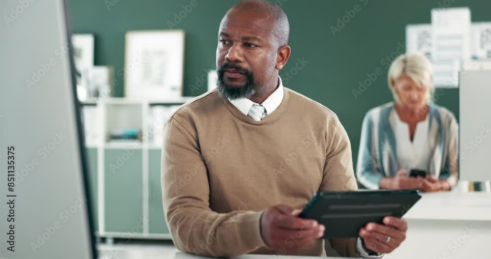 Computer, tablet or mature businessman consultant with project deadline, finance task or email. Financial research, problem solving or African account manager checking investment for growth in office Computer, tablet or mature businessman consultant with project deadline, finance task or email. Financial research, problem solving or African account manager checking investment for growth in office