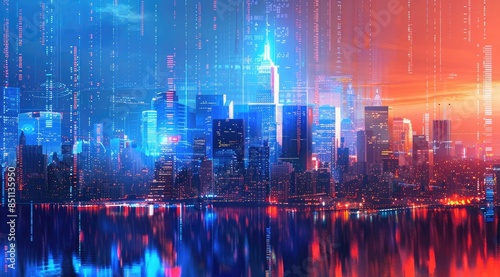 A digital cityscape of New York with data and graphs overlaying it, the skyline is lit up in blue, orange and red hues. The
