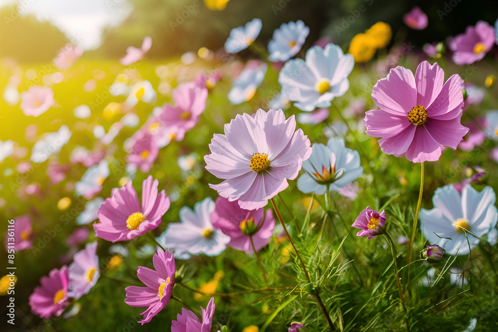 Beautiful spring summer sunrise bright natural background with colorful cosmos flowers. Ai generative.