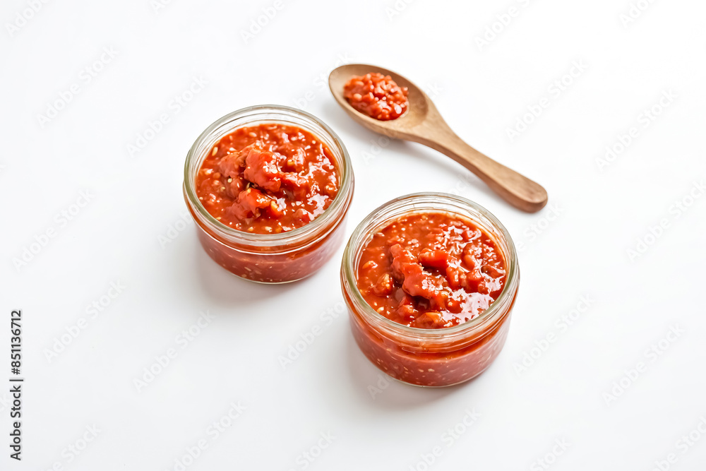 Jars of Homemade Tomato Jam with a Wooden Spoon Jars of Homemade Tomato Jam with a Wooden Spoon