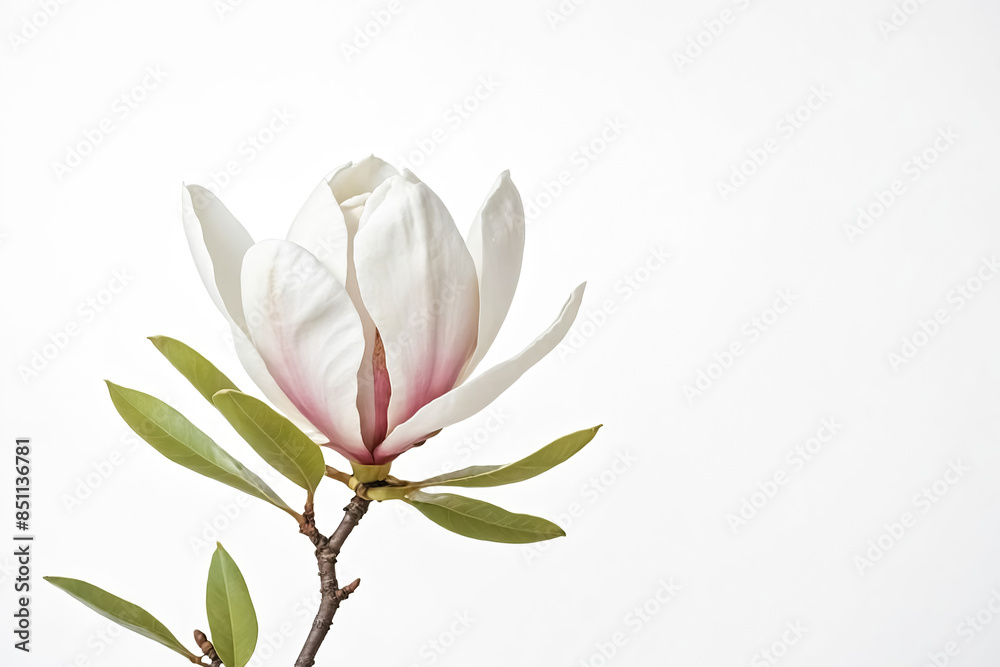 Fototapeta premium Single Magnolia Flower Blooming on a White Background