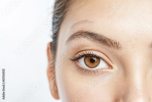 Close-up of a woman's eye with brown iris and long eyelashes