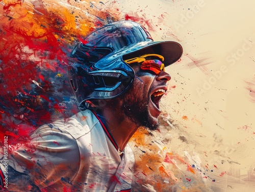 Dynamic art of an excited baseball player in colorful abstract splash, capturing the energy and passion of the game.