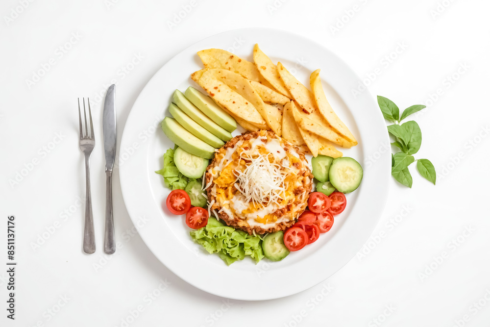 Cheesy Baked Dish with Potato Wedges and Salad Cheesy Baked Dish with Potato Wedges and Salad