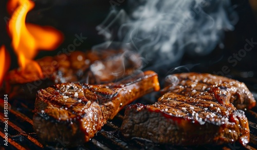 Delicious looking steak grilling, food photography, closeup shot
