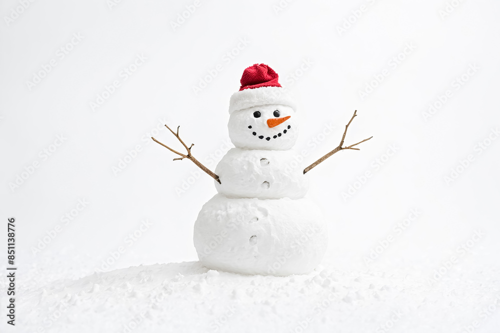 Fototapeta premium Snowman with a red Santa hat