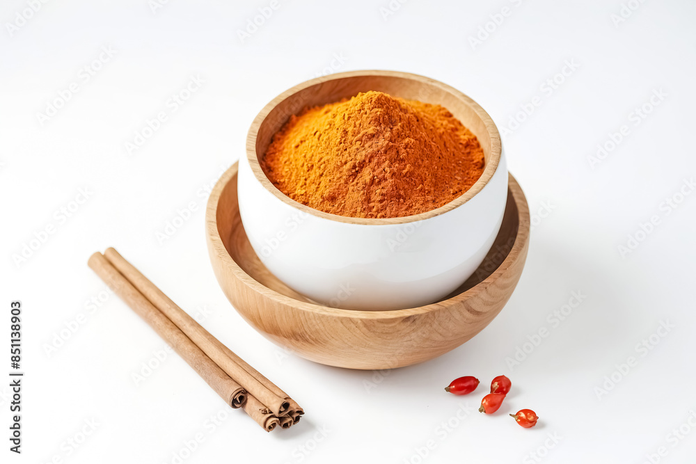 Bowl of Turmeric Powder with Cinnamon Sticks and Red Berries Bowl of Turmeric Powder with Cinnamon Sticks and Red Berries