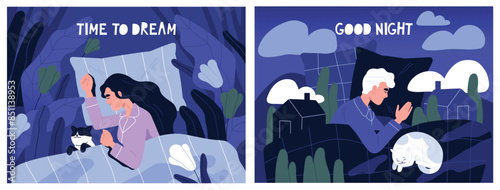 Sweet dreams and good night concept. Banners with relaxed man and woman lying on soft pillow and falling asleep. Healthy sleep and recovery. Cartoon flat vector illustration set isolated on background
