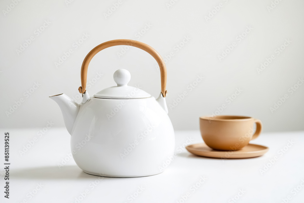 White Teapot and Tan Teacup on White Table White Teapot and Tan Teacup on White Table