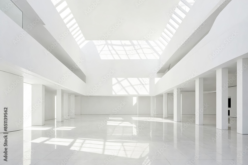 Obraz premium Minimalist White Interior with Skylights and Light Reflections