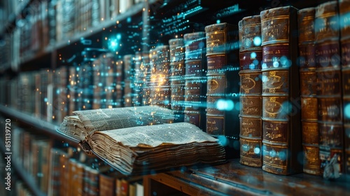 Historic Texts with Digital Code:  background combining pages of historic texts and manuscripts with layers of digital code, representing the blend of ancient knowledge and modern information.