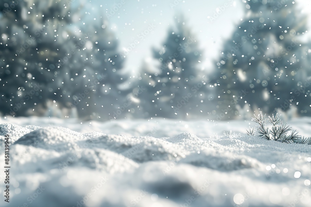 A background of snow, with trees in the distance and snow falling. The foreground is covered in large white soft snow, creating an overall sense of depth. A background of snow, with trees in the distance and snow falling. The foreground is covered in large white soft snow, creating an overall sense of depth.