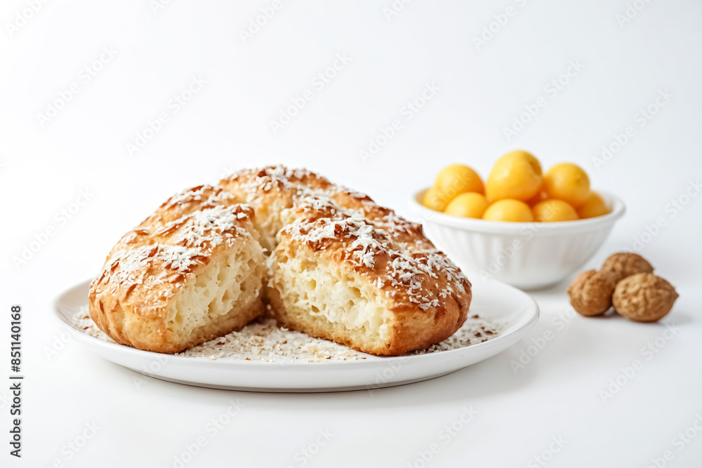 Closeup of a coconut cake with a bite taken out on a white plate Closeup of a coconut cake with a bite taken out on a white plate